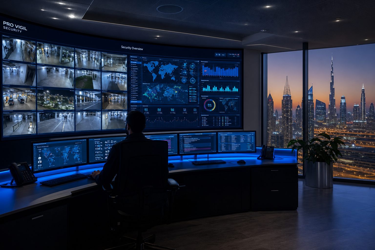 Roboa Alebdaa security operations control room overlooking the Dubai skyline